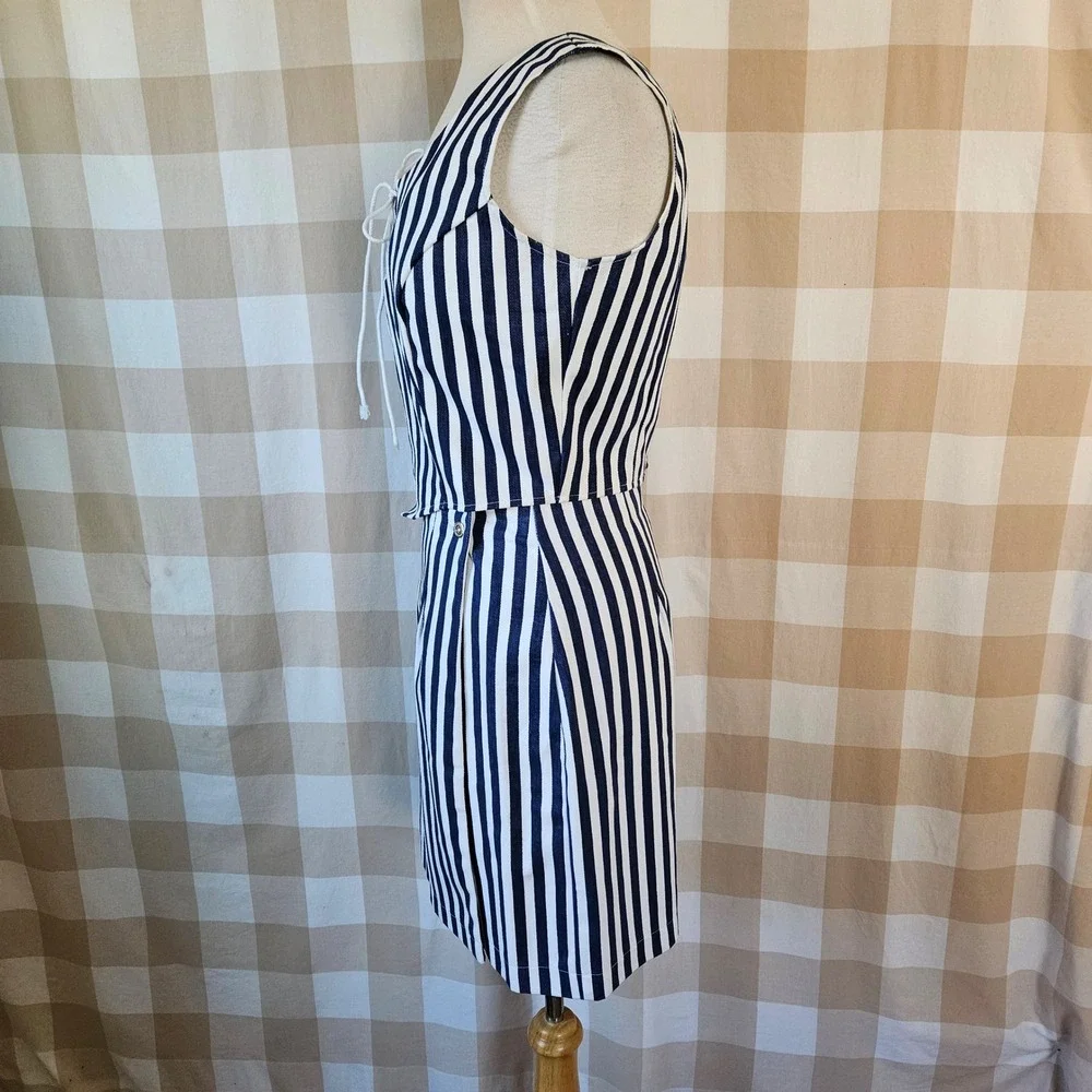Vtg 90s‎ BANJO Dallas Texas Navy White Stripe Lace Up Top Mini Skirt Set Medium